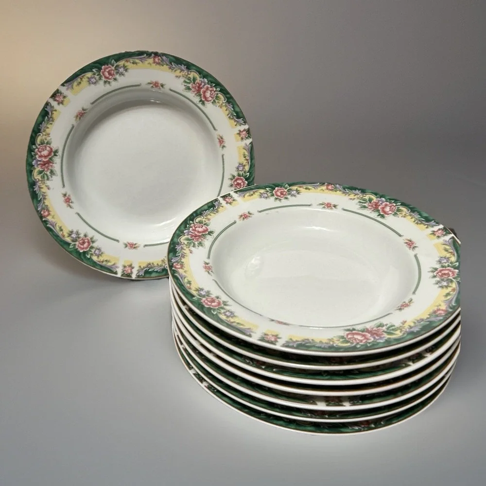Excel Legend 435 Fine China Rimmed Soup Bowls Floral Pink Rose Green  EIGHT Vtg